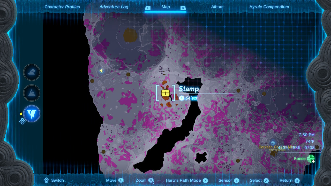 A screenshot of the map location of the chest, southeast of the lightroot in Zelda: Tears of the Kingdom