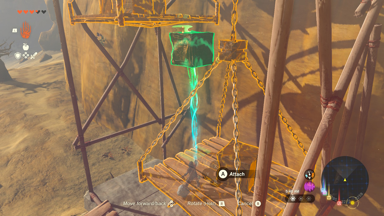 Link raises a crate up to the air to move a lift in Zelda: Tears of the Kingdom