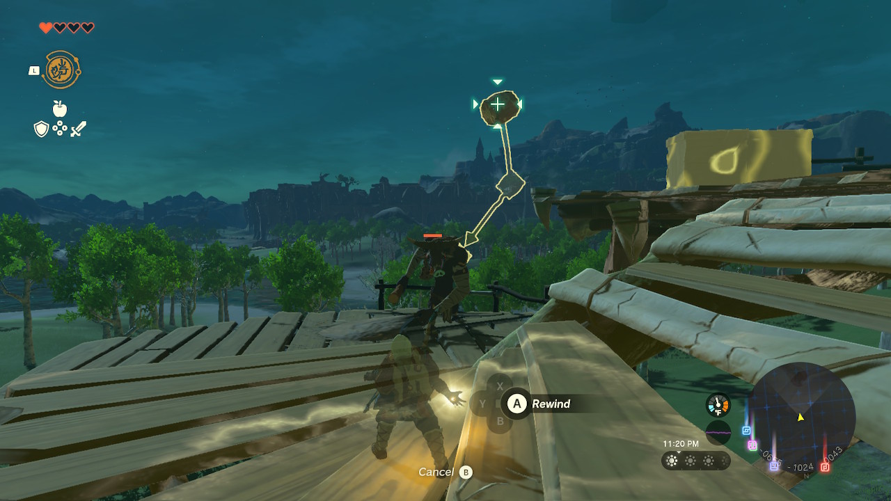 Link uses Recall on an explosive barrel to hit a goblin in Zelda: Tears of the Kingdom