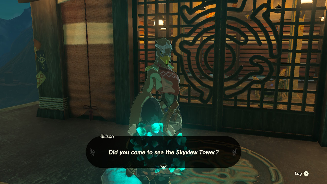 Link speaks to Billson, who asks, “Did you come to see the Skyview Tower?” in Zelda: Tears of the Kingdom