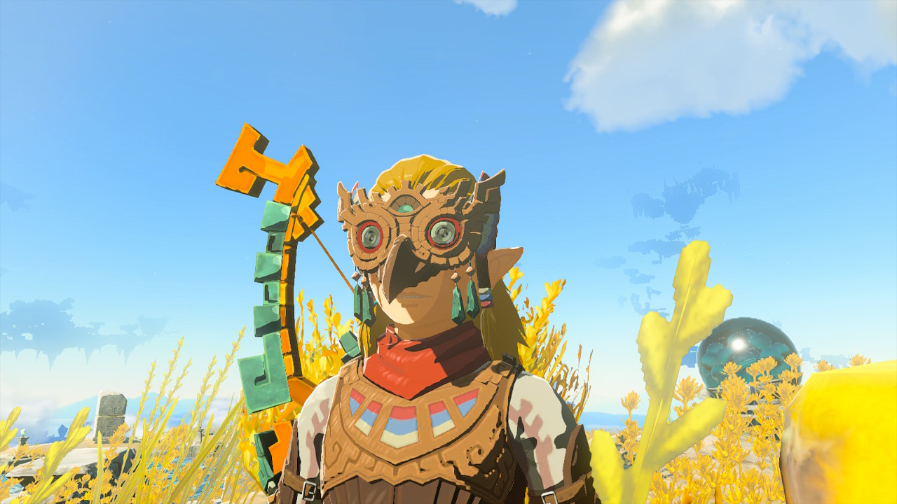 Link wears the Glide Armor at the top of a Sky Island in Zelda: Tears of the Kingdom