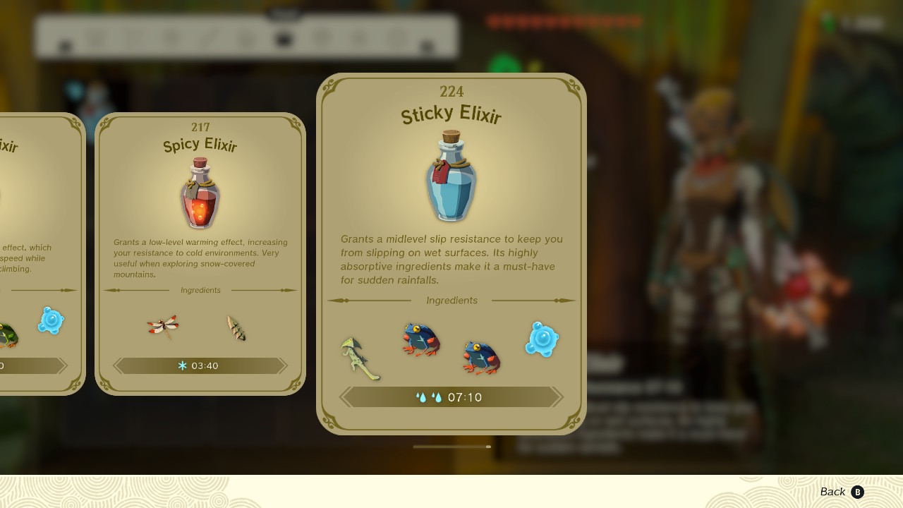 A screenshot of the elixir recipe book in Zelda: Tears of the Kingdom, highlighting the Sticky Elixir