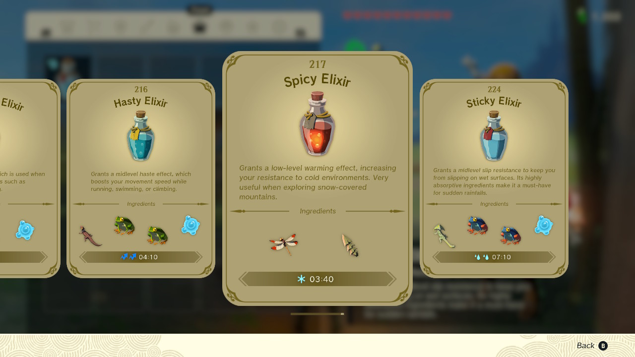 A screenshot of the elixir recipe book in Zelda: Tears of the Kingdom, highlighting the Spicy Elixir