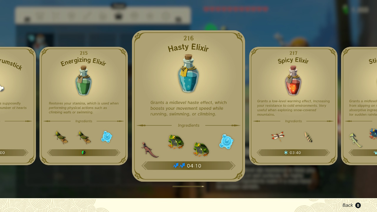 A screenshot of the elixir recipe book in Zelda: Tears of the Kingdom, highlighting the Hasty Elixir