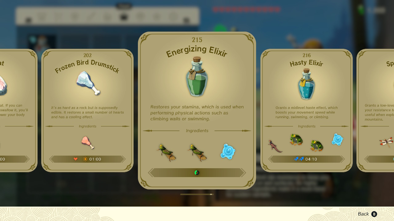 A screenshot of the elixir recipe book in Zelda: Tears of the Kingdom, highlighting the Energizing Elixir