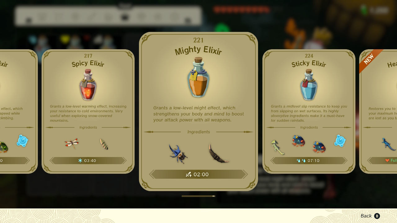 A screenshot of the elixir recipe book in Zelda: Tears of the Kingdom, highlighting the Mighty Elixir