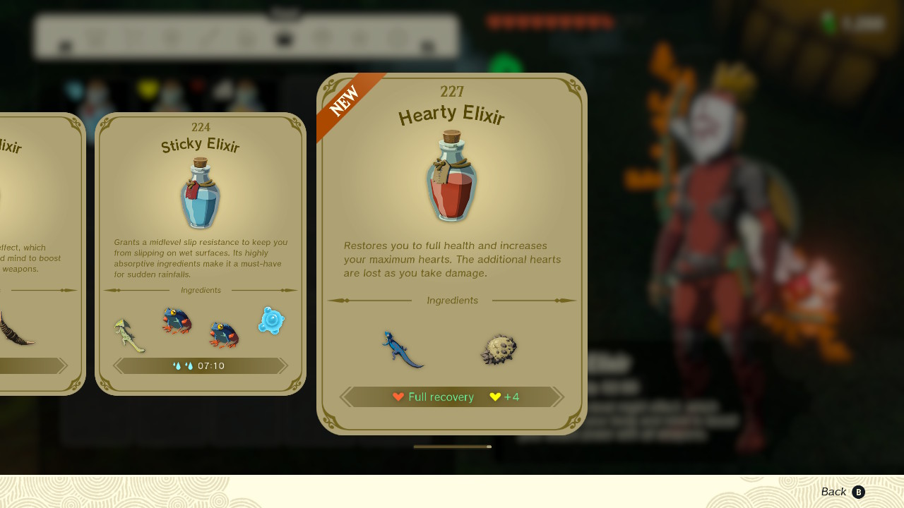 A screenshot of the elixir recipe book in Zelda: Tears of the Kingdom, highlighting the Hearty Elixir