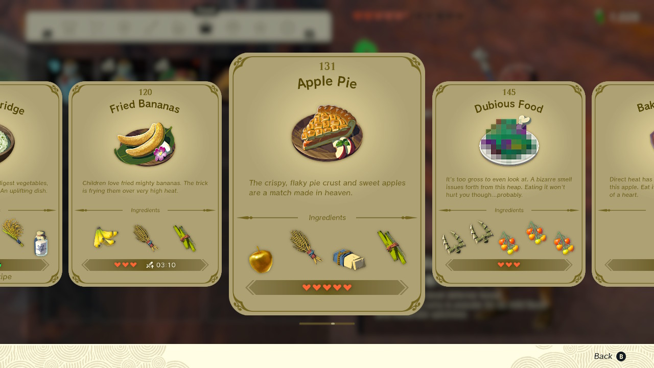 A screenshot of the recipe book in Zelda: Tears of the Kingdom showcasing the Apple Pie
