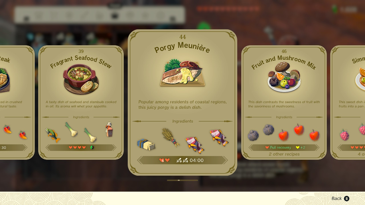 A screenshot of the Porgy Meunière recipe in Zelda: Tears of the Kingdom