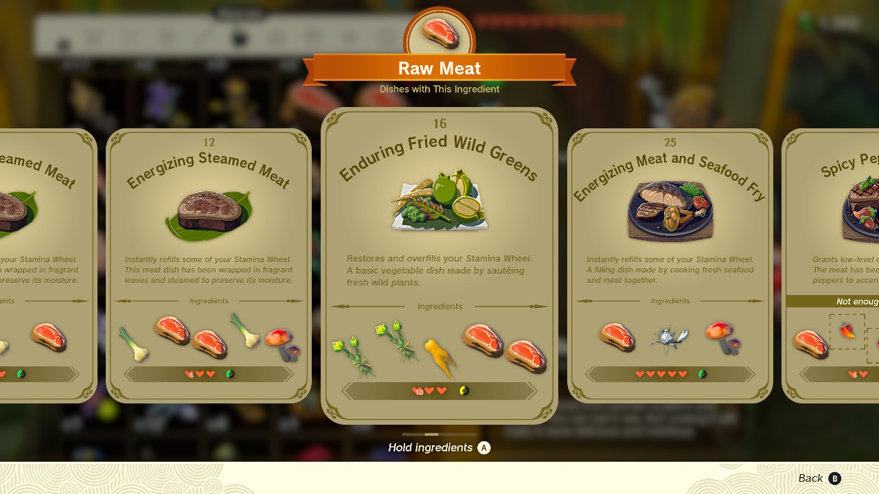 A screenshot of the recipe book in Zelda: Tears of the Kingdom highlighting the Enduring Fried Wild Greens recipe