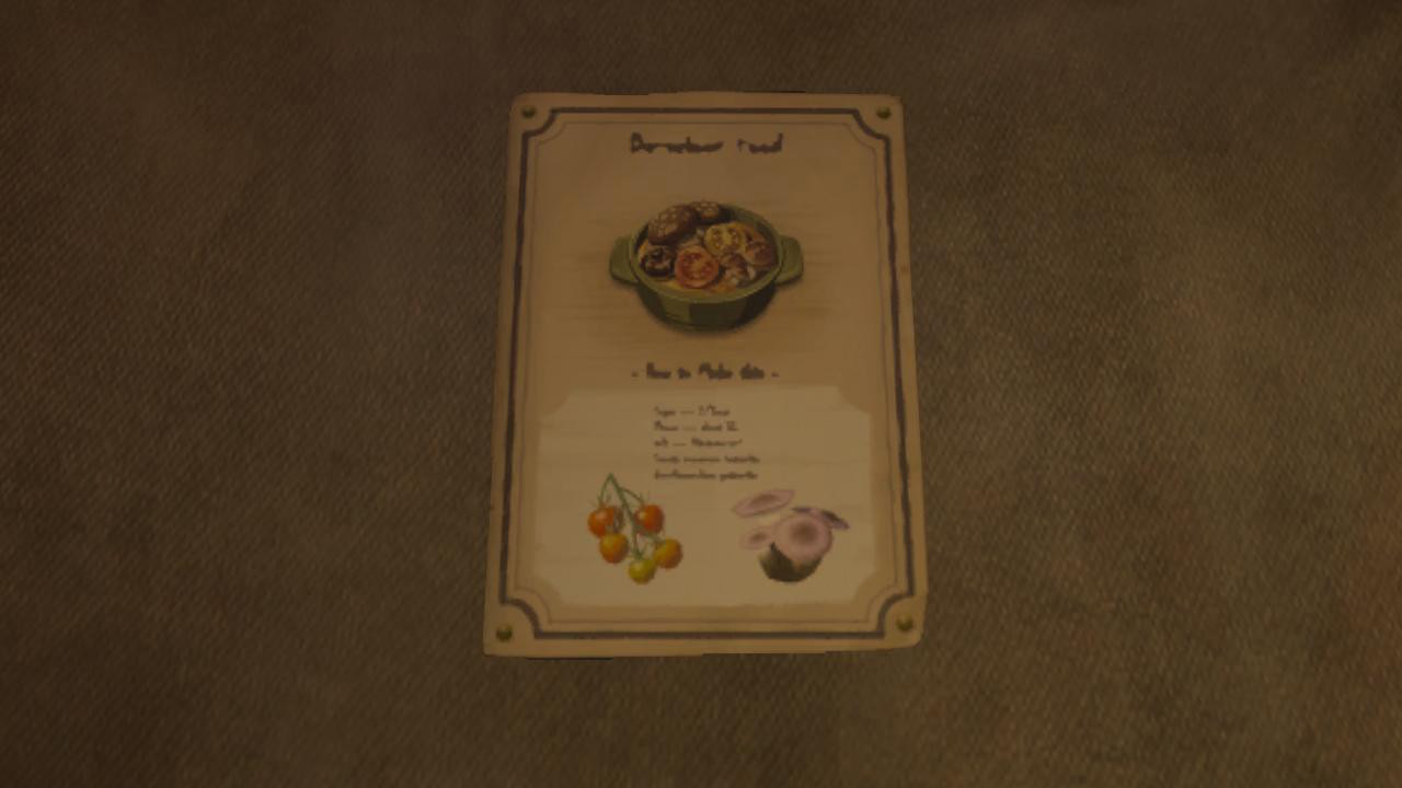 A photo of a recipe inside a stable in Zelda: Tears of the Kingdom