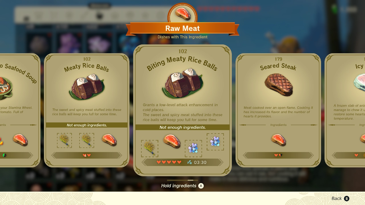 A screenshot of the Biting Meaty Rice Balls recipe in Zelda: Tears of the Kingdom
