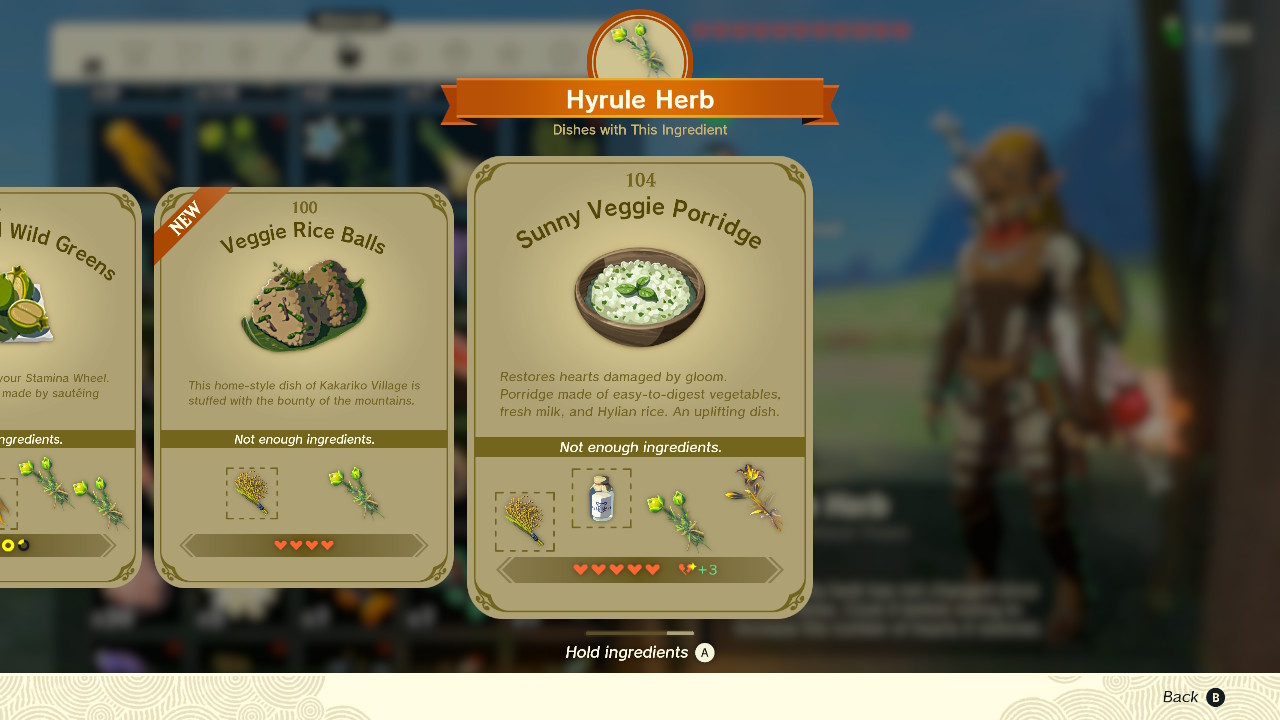A screenshot of the Sunny Veggie Porridge recipe in Zelda: Tears of the Kingdom