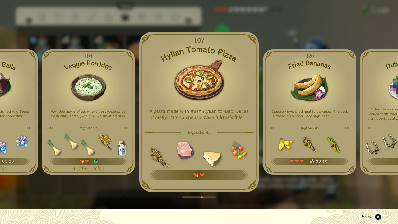 A screenshot of the Hylian Tomato Pizza in Zelda: Tears of the Kingdom