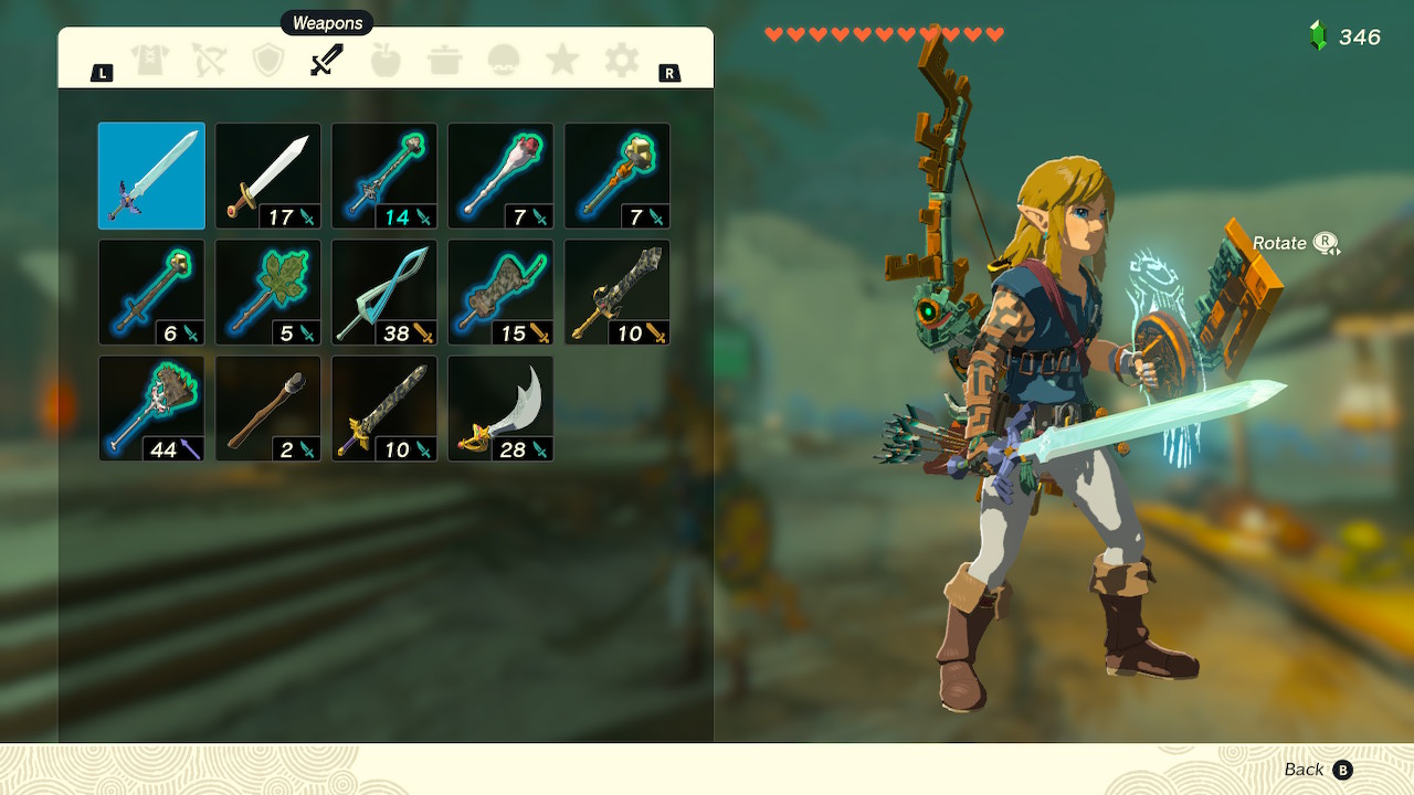 A screenshot of the weapons inventory in Zelda: Tears of the Kingdom, showcasing Link with the Master Sword