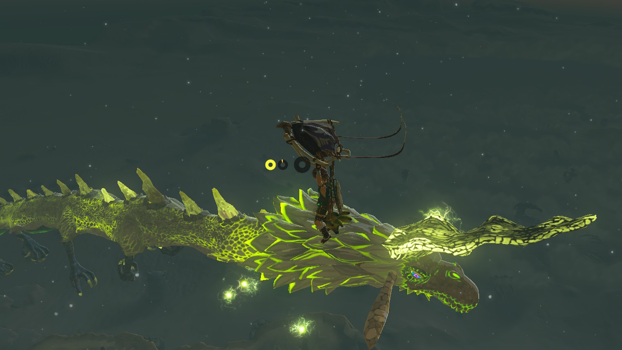 Link paraglides close to Farosh, one of the dragons in Zelda: Tears of the Kingdom
