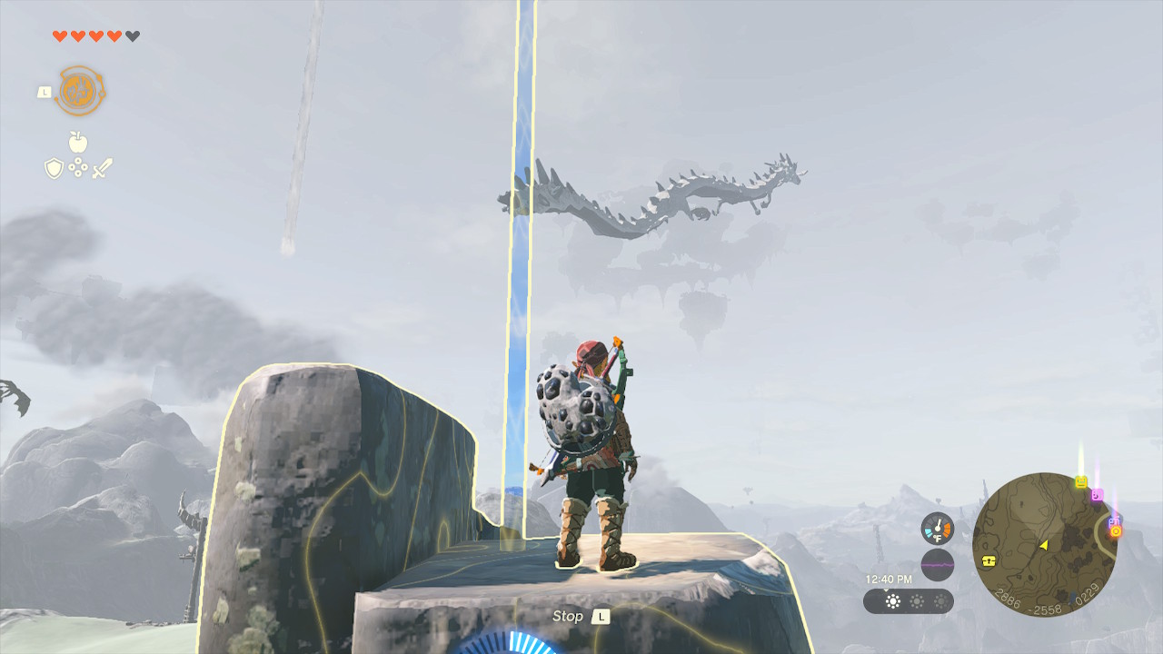 Link uses Recall on a sky rock to lift himself up and get closer to a dragon in Zelda: Tears of the Kingdom