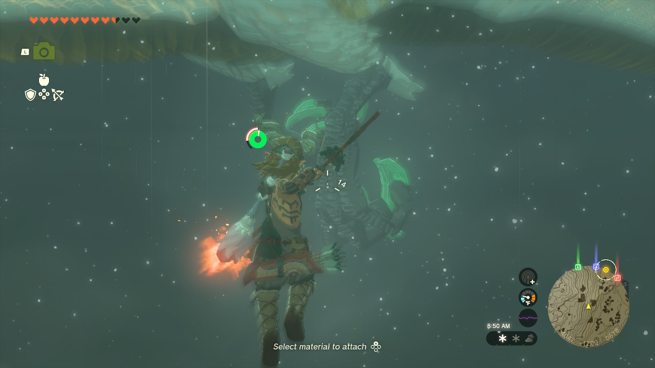Link is suspended in mid air aiming with his bow at a dragon’s claw in Zelda: Tears of the Kingdom