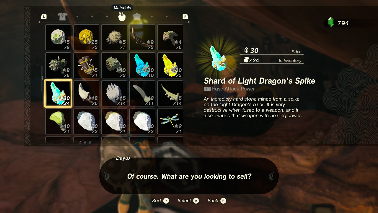 A merchant screen highlighting the Shard of Light Dragon’s Spike in Zelda: Tears of the Kingdom