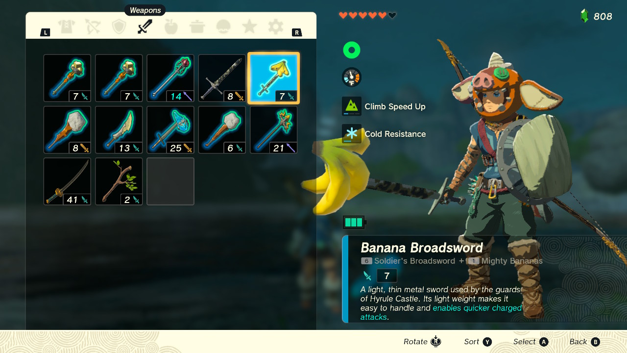 A screenshot of Link’s weapon stash, showcasing the hero with a Banana Broadsword and a shield with a toenail in Zelda: Tears of the Kingdom