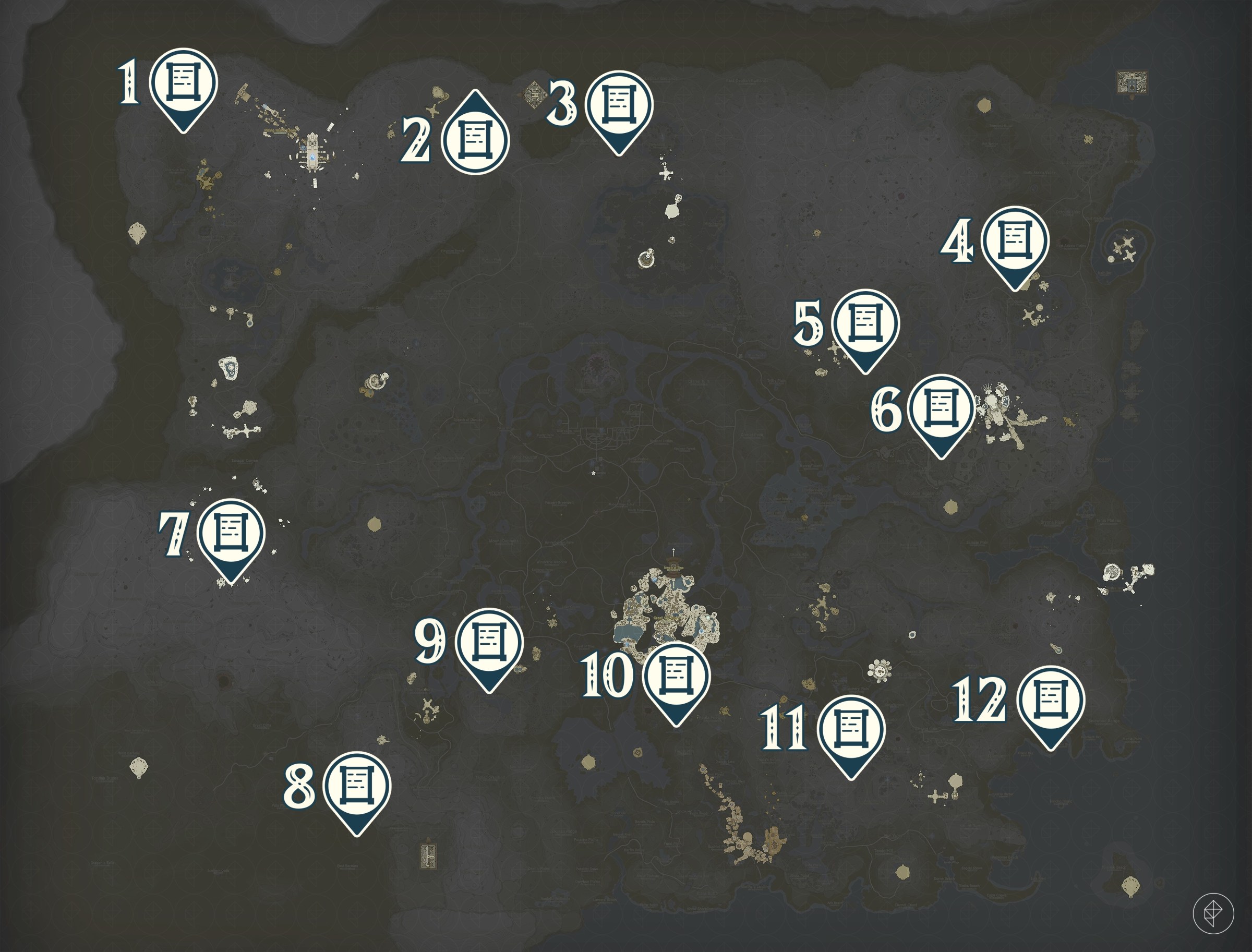 A graphic showcasing all 12 stone tablet locations in Zelda: Tears of the Kingdom