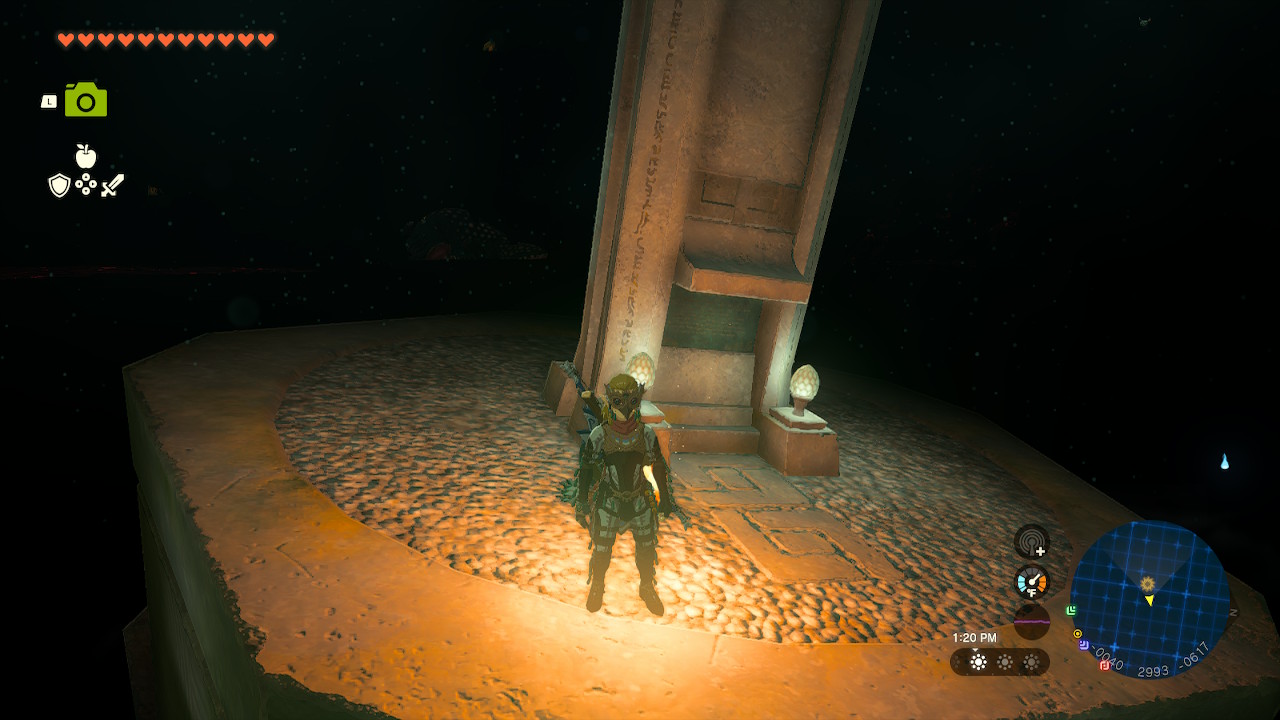 Link stands next to the stone tablet, which has fallen into the Depths in Zelda: Tears of the Kingdom