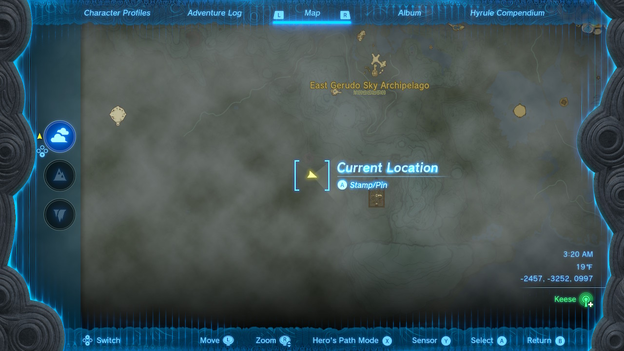 A screenshot of the map location of stone tablet #8 in Zelda: Tears of the Kingdom