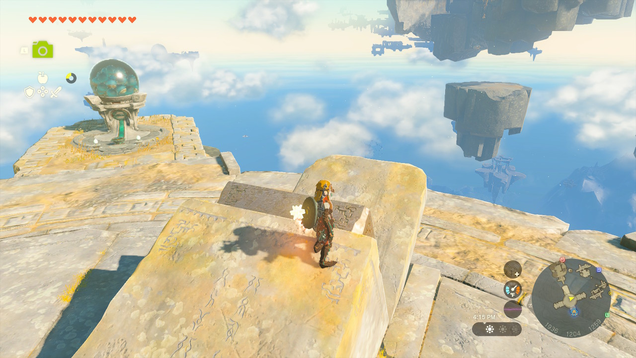Link stands next to a mechanism at the center of the island, preparing himself to be pushed off of it in Zelda: Tears of the Kingdom