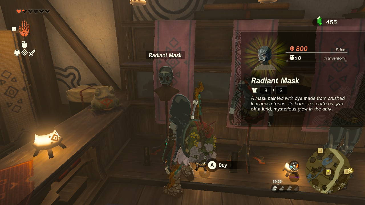 Buying a Radiant Mask in an armor shop in Zelda: Tears of the Kingdom
