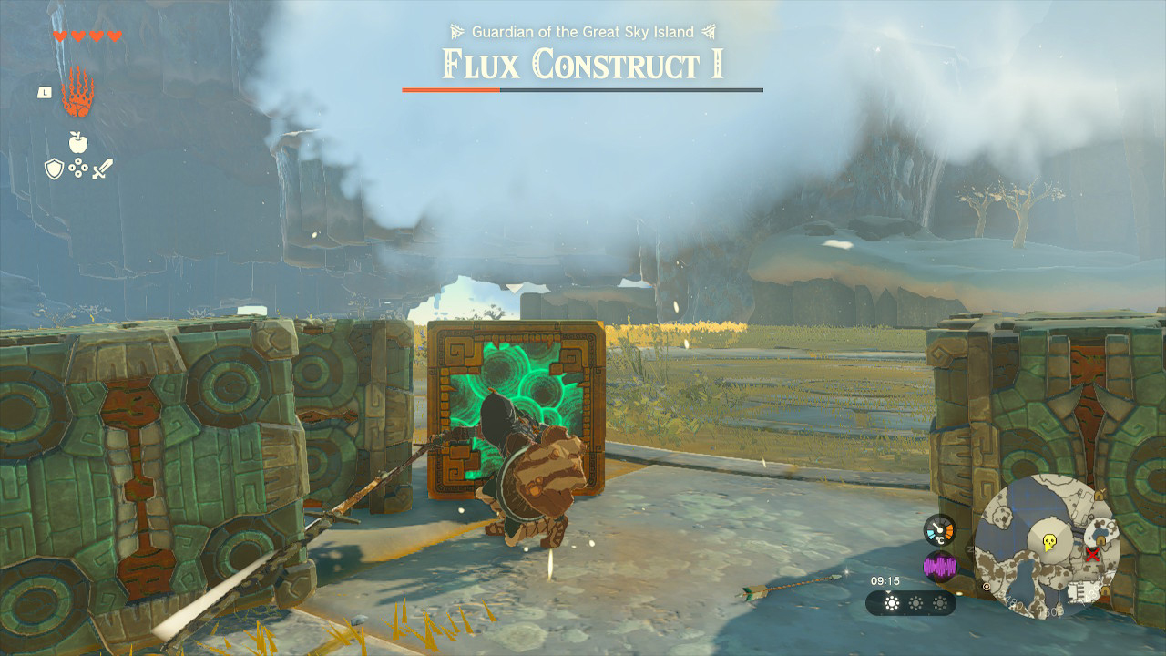 Link ducks behind a box during a boss fight against Flux Construct 1 in Zelda: Tears of the Kingdom.