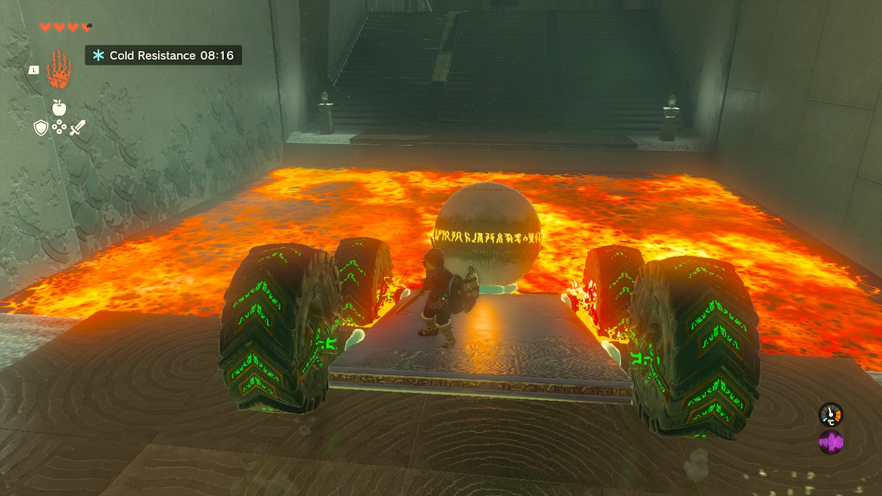 Link rides a cart with an orb on it across a pool of lava in the Tukarok Shrine in Zelda Tears of the Kingdom.
