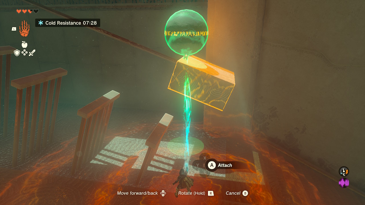 Link uses Ultrahand to carry a giant ball in the Tukarok Shrine of Zelda Tears of the Kingdom.