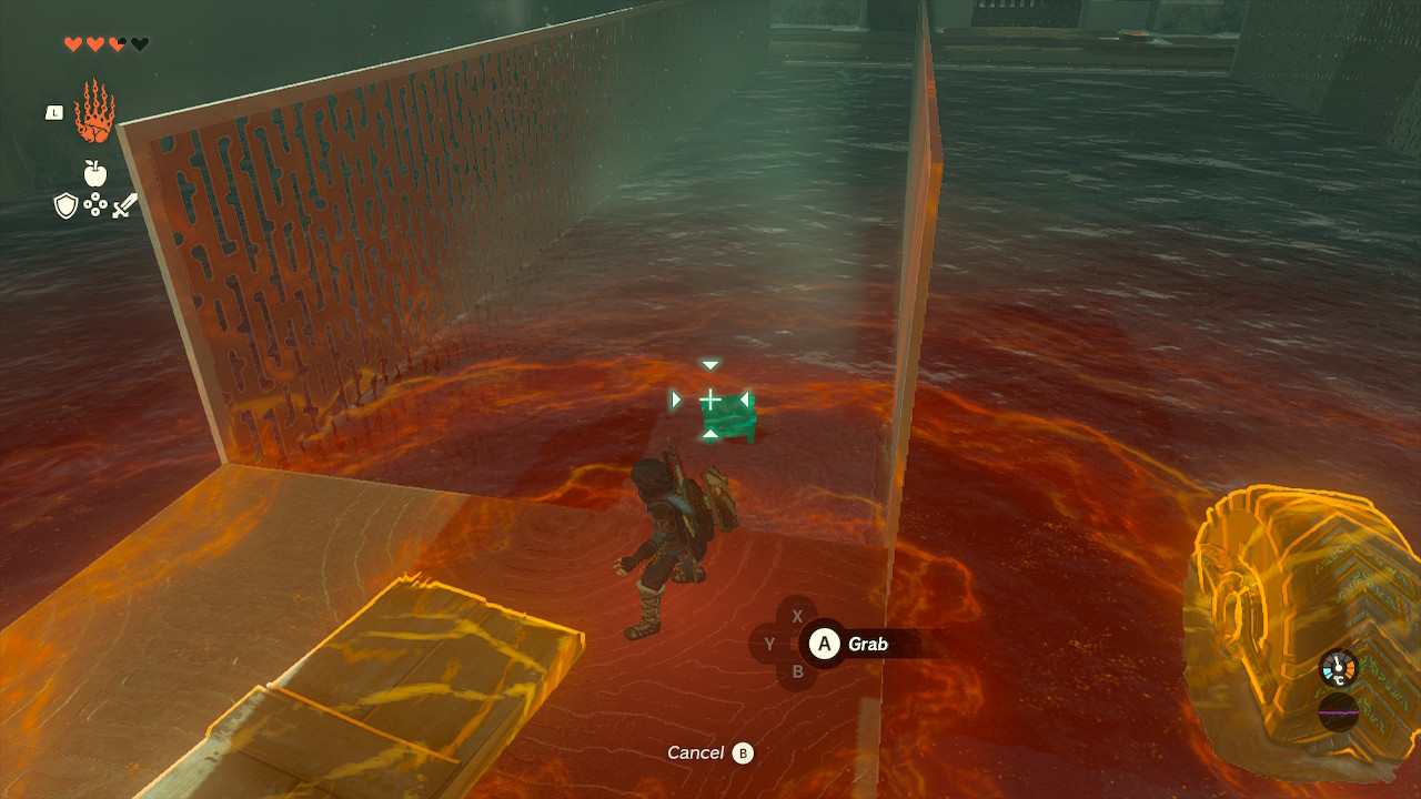 Link uses Ultrahand to grab a chest out of water in the Tukarok Shrine in Zelda Tears of the Kingdom.