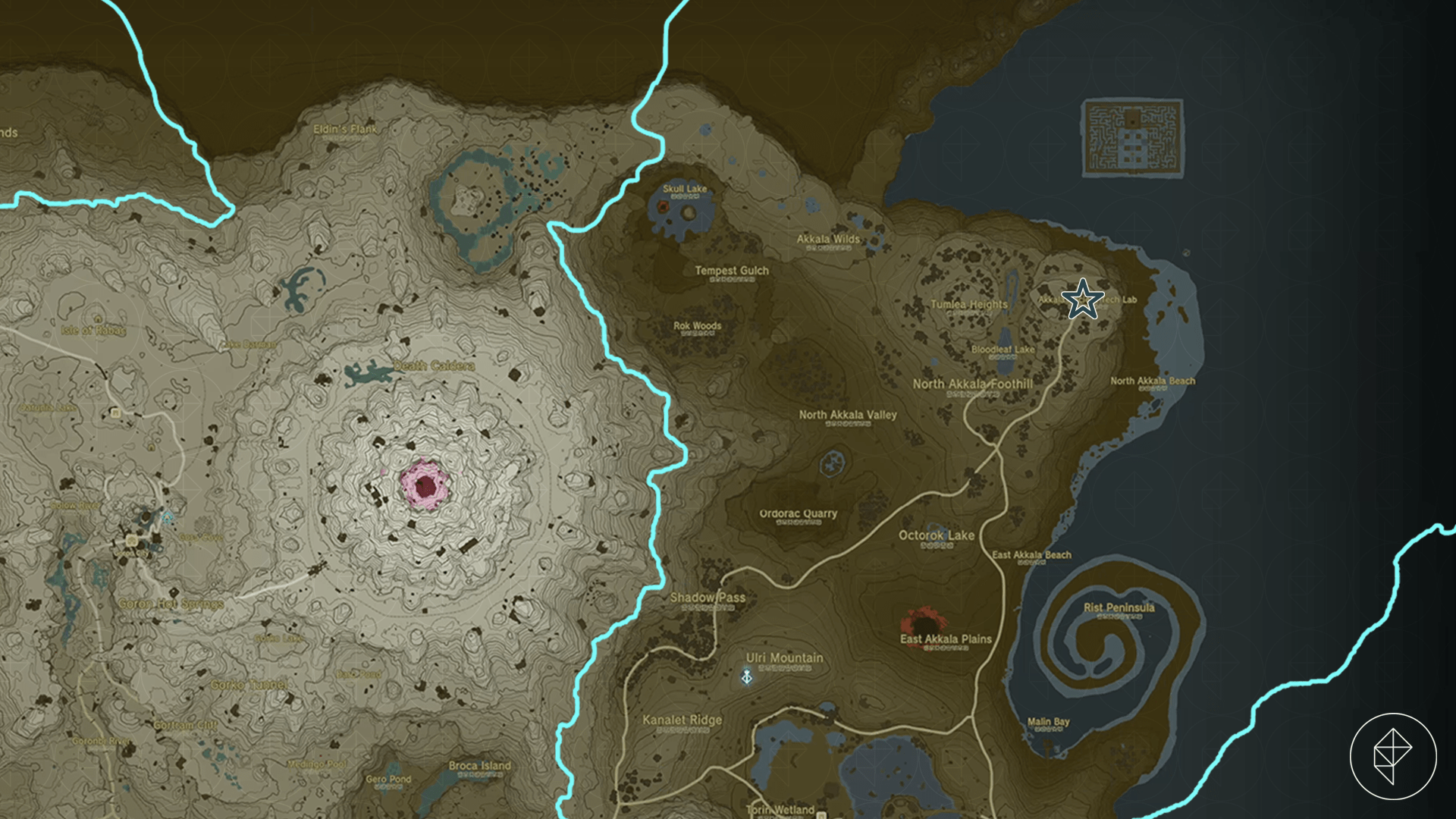Map image pointing out Zelda: Tears of the Kingdom’s Akkala Research Lab
