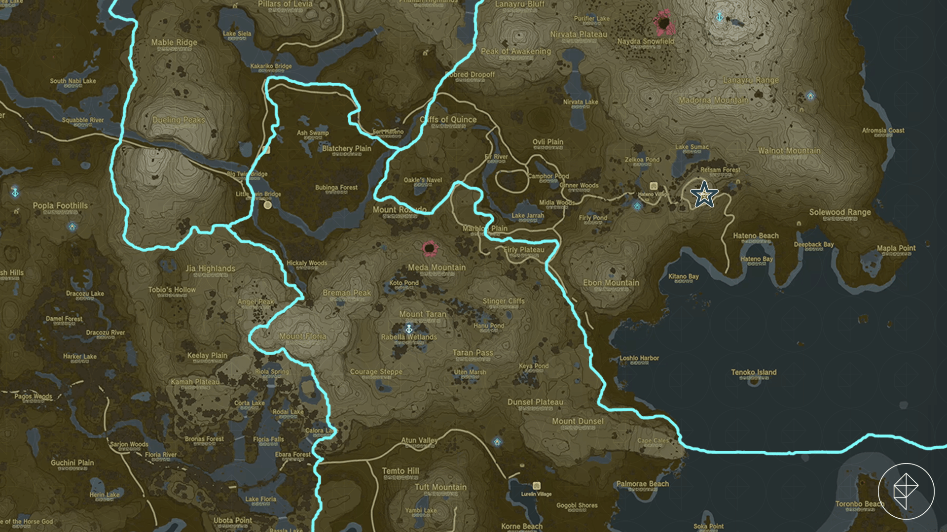 Map image from Zelda: Tears of the Kingdom pointing out the Hateno Ancient Tech Lab