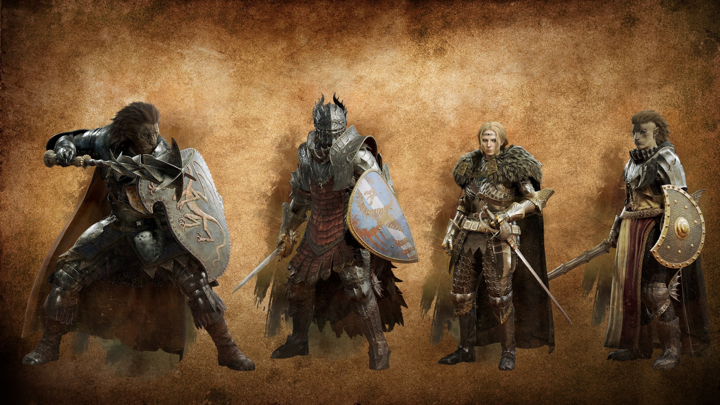 Four fighters stand ready to fight with their swords, shields, and armor