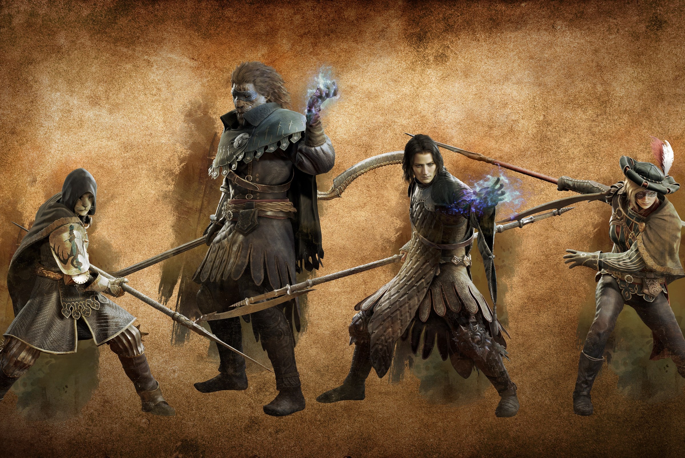 Four Mystic Spearhands swing around their massive staves in Dragon’s Dogma 2