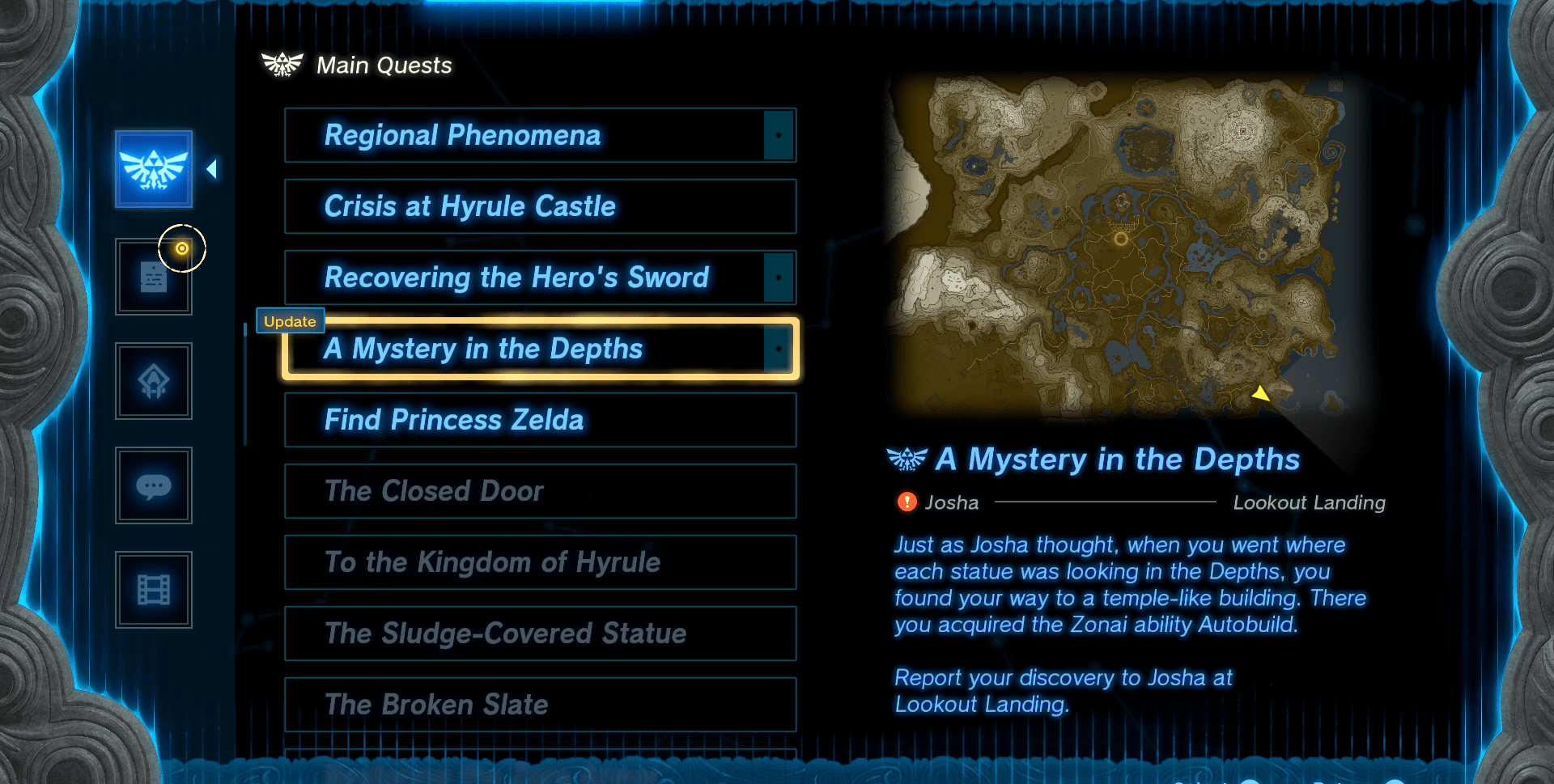 A Mystery in the Depths quest log in the Main Quests menu for Zelda: Tears of the Kingdom