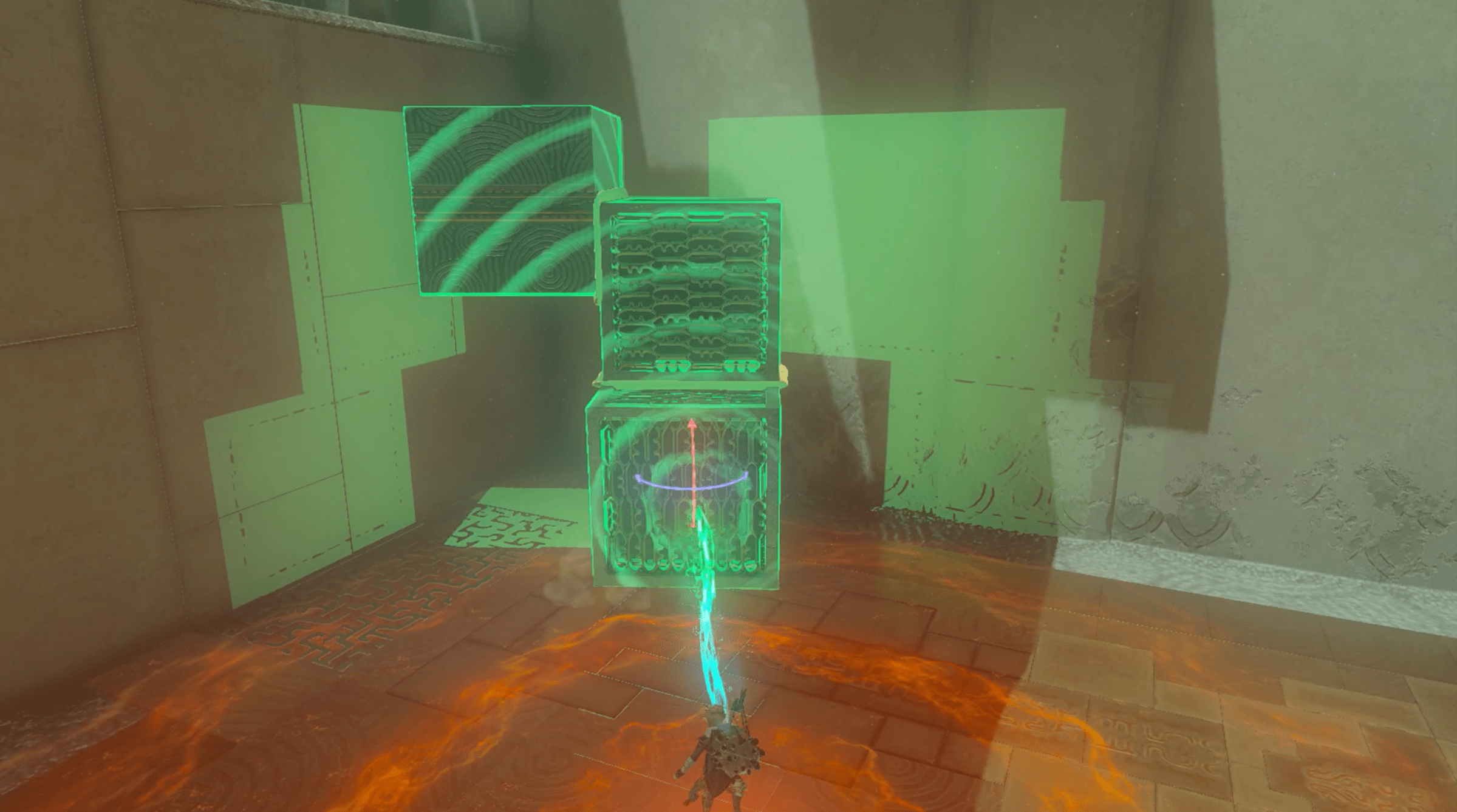 Link using Ultrahand to move and stack three blocks in The Legend of Zelda: Tears of the Kingdom.