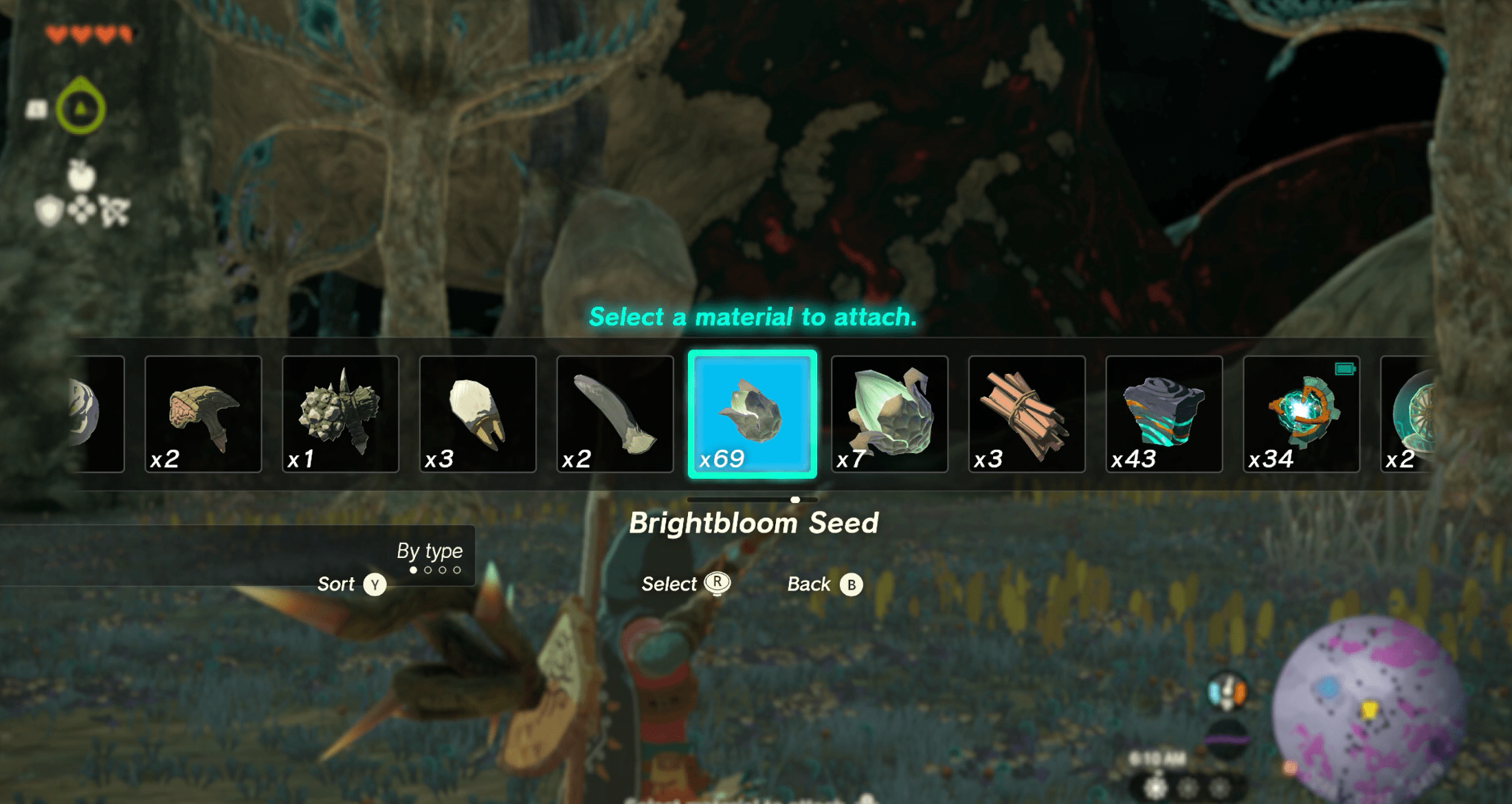 A Legend of Zelda: Tears of the Kingdom menu showing Brightbloom seeds