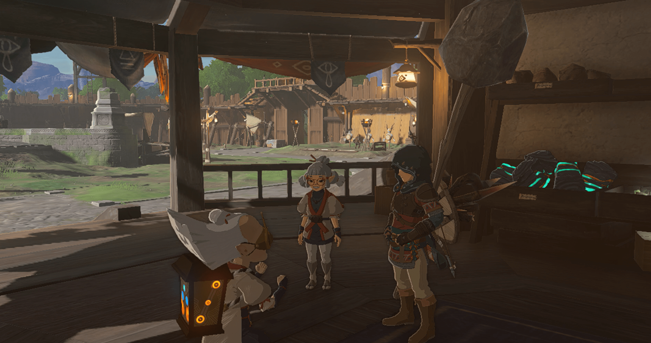 Josha, Robbie, and Link standing around talking inside a small room in The Legend of Zelda: Tears of the Kingdom