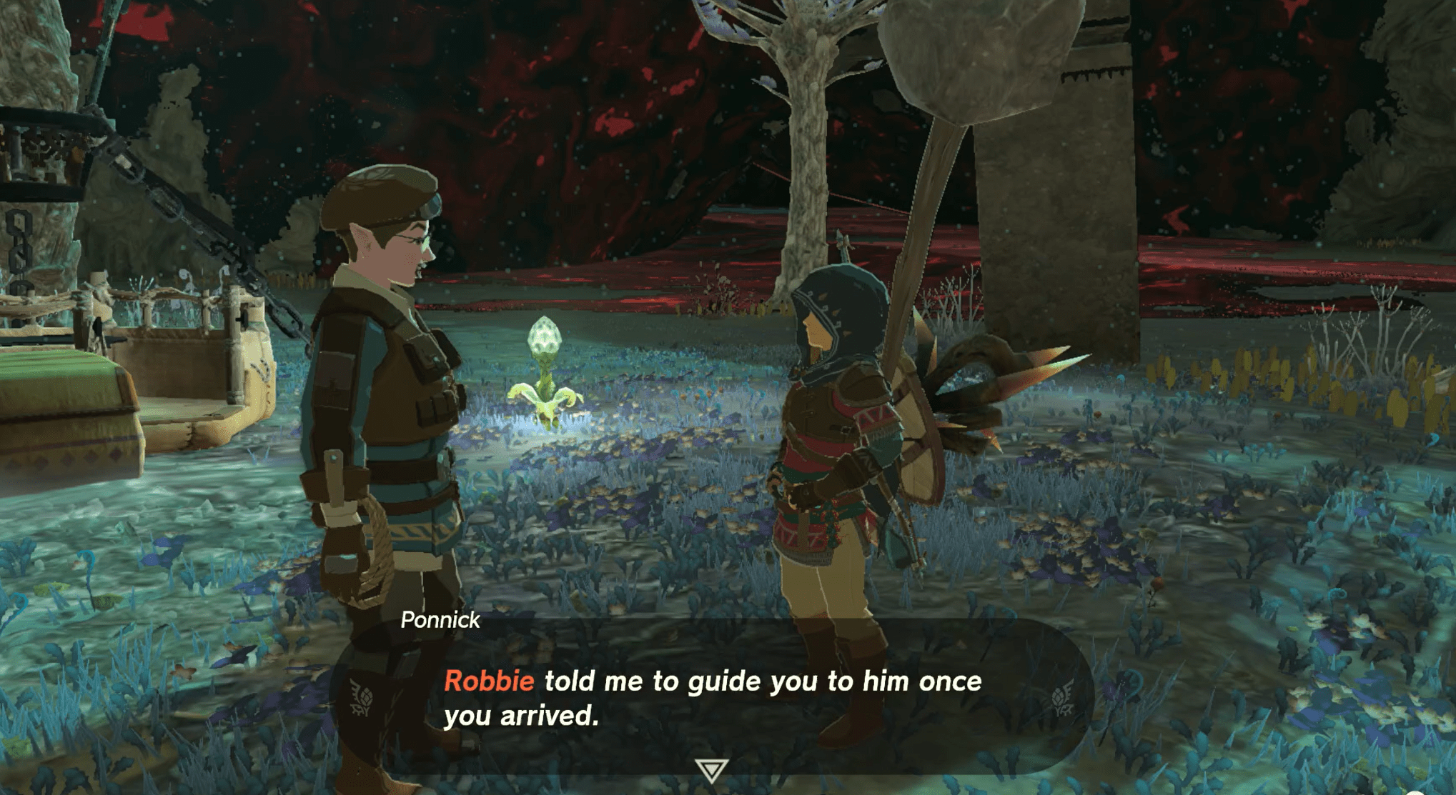 Ponnick telling Link that Robbie asked him to guide Link to him in Zelda: Tears of the Kingdom