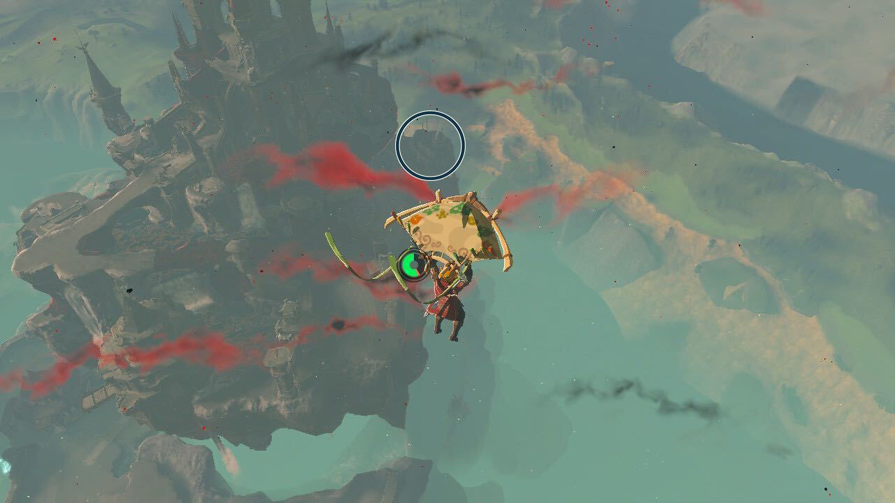 Link, with his paraglider out, approaches a shrine on the floating portion of Hyrule Castle in Zelda: Tears of the Kingdom. The shrine is circled to make it easier to spot.