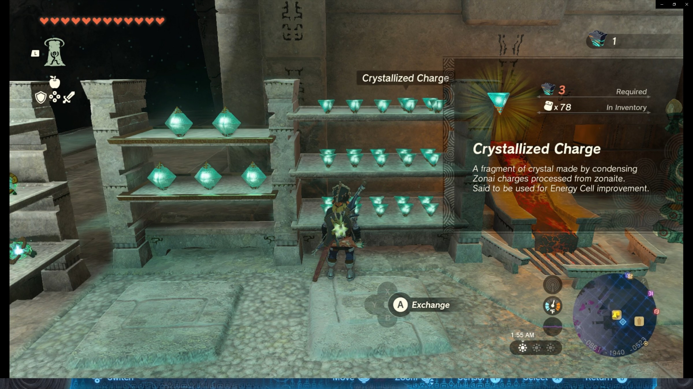 Link peruses a shelf of crystallized charges and large crystallized charges at a forge construct in the Depths in The Legend of Zelda: Tears of the Kingdom