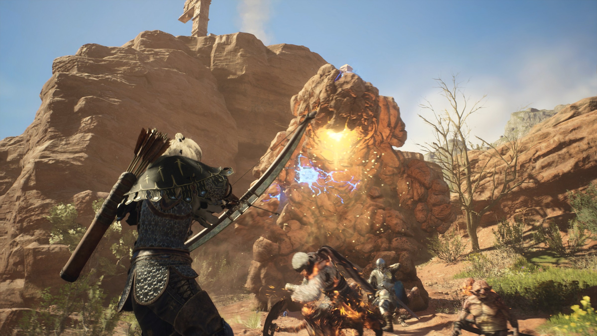 An archer fighting a giant stone monster thing in the desert on a sunny day in Dragon’s Dogma 2.