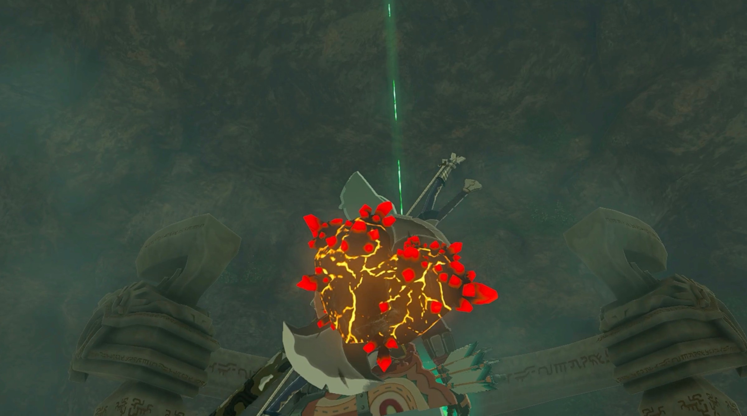 A beam going up from En-oma Shrine in Zelda: Tears of the Kingdom