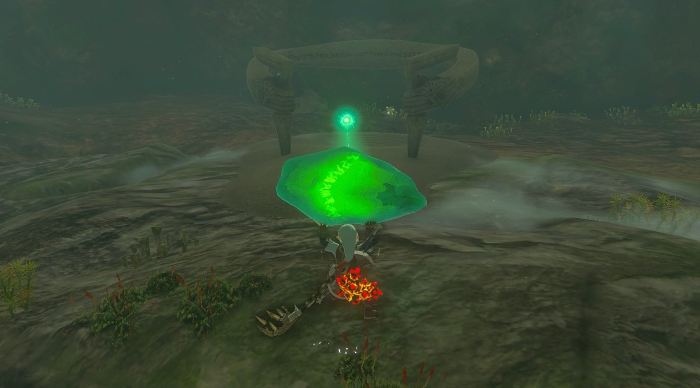 Link carries the En-oma Shrine crystal to the shrine in Zelda: Tears of the Kingdom