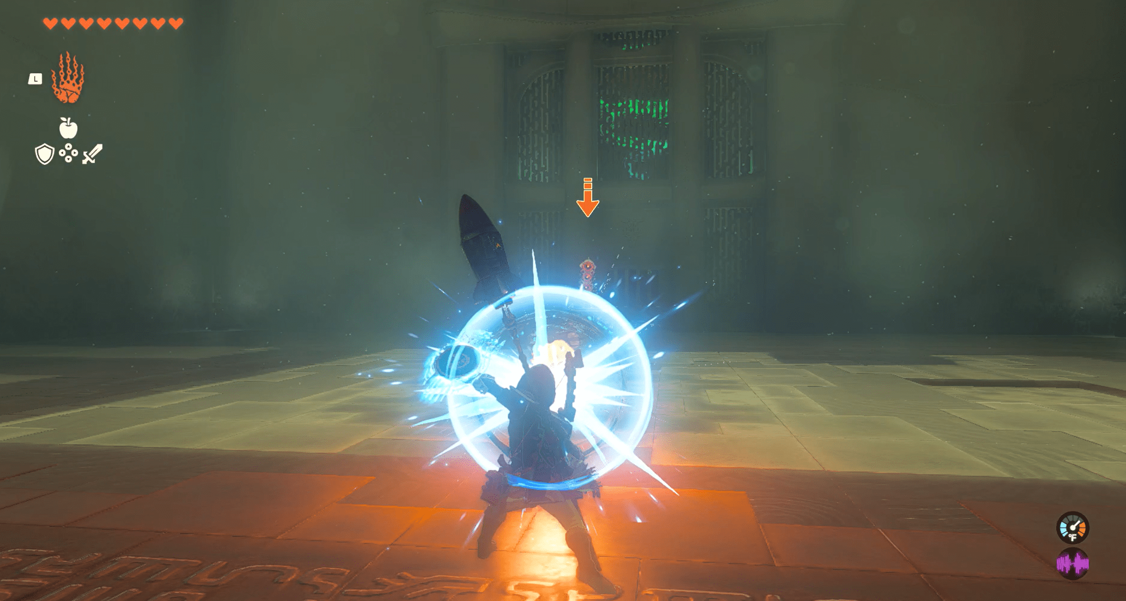 Link using his shield to protect himself from a projectile sent by a Construct in the Eshos Shrine in The Legend of Zelda: Tears of the Kingdom