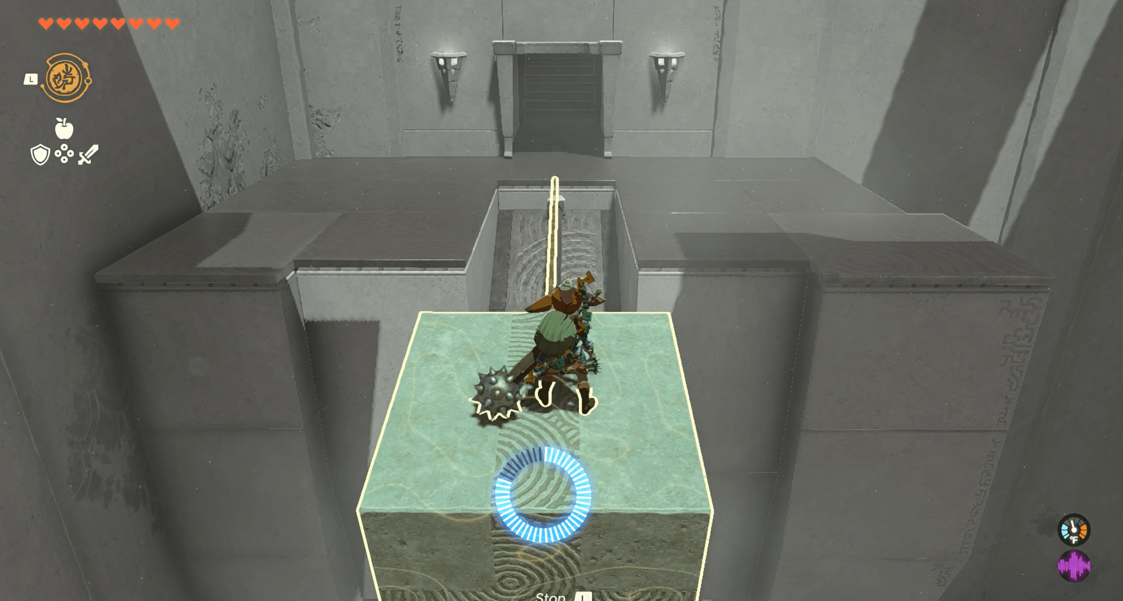 Link on the platform crossing the platform in The Legend of Zelda: Tears of the Kingdom