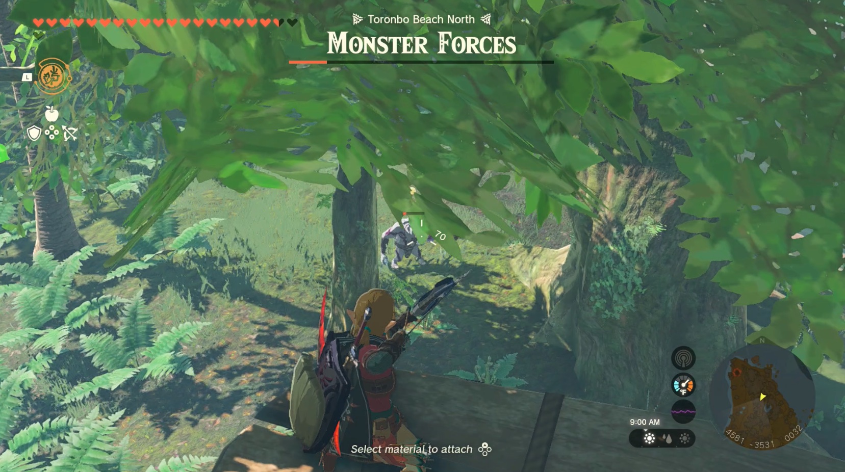 Link shoots a Bokoblin through trees in Zelda: Tears of the Kingdom